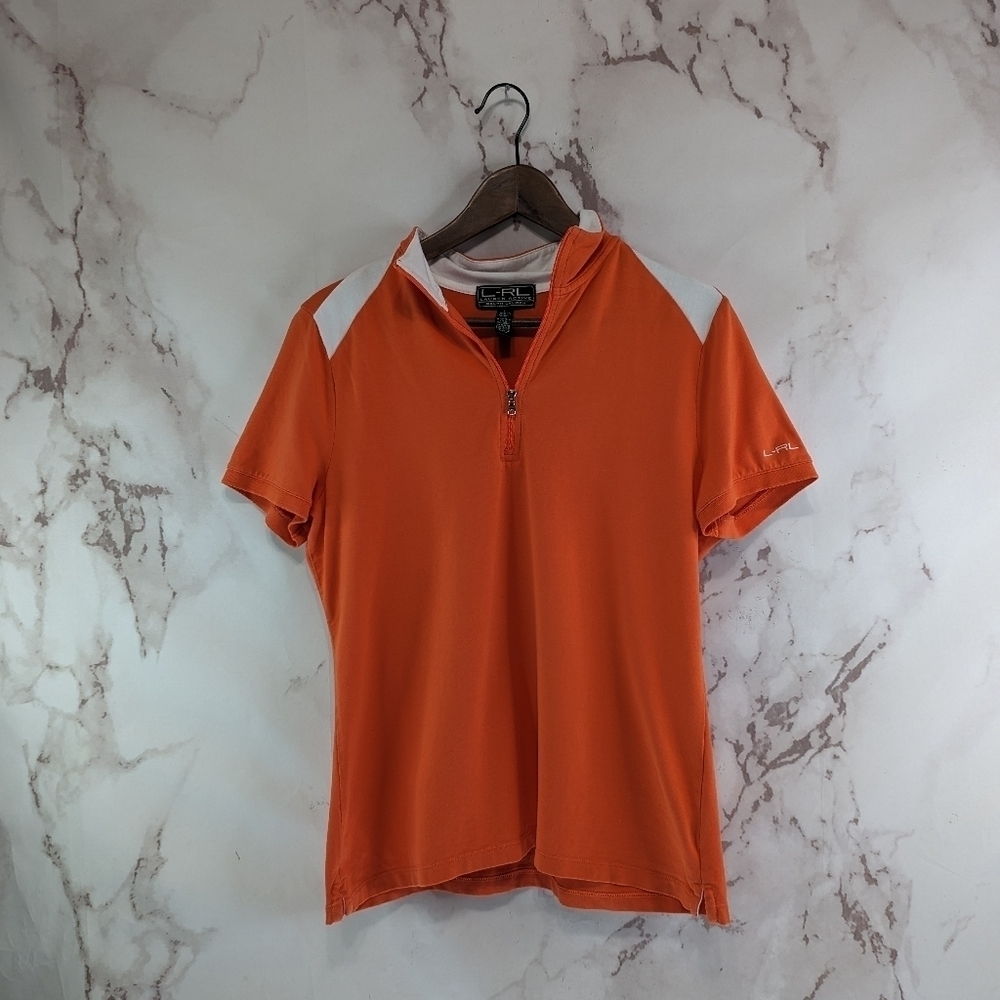 Lauren Ralph Lauren Shirt Womens Large Orange White Zip Short Sleeve Active Mock